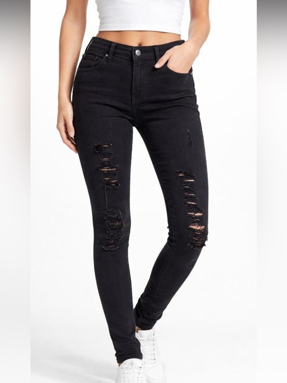 Express Black Mid-Rise Distressed Skinny Jeans